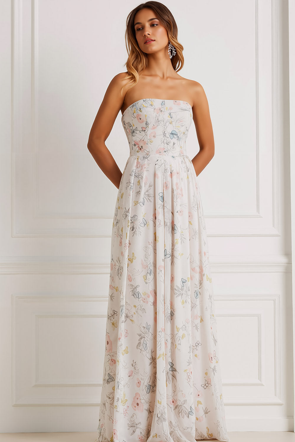 Floral White Simple Strapless Long Bridesmaid Dress