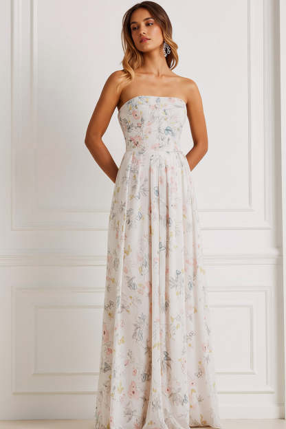 Leely Women Floral White Long Bridesmaid Dress Simple Strapless A Line Wedding Guest Dress