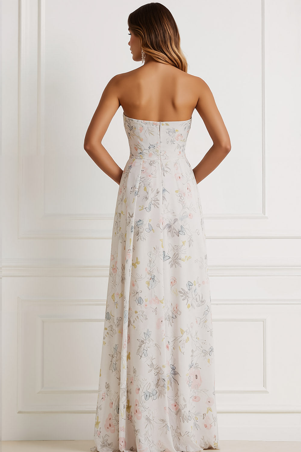 Floral White Simple Strapless Long Bridesmaid Dress