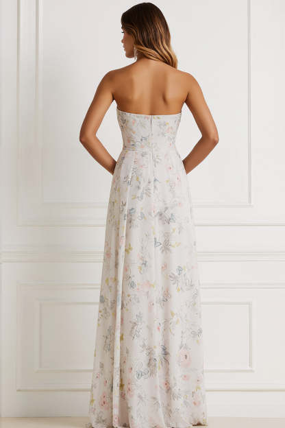 Floral White Simple Strapless Long Bridesmaid Dress