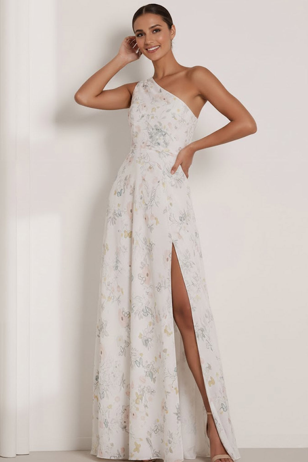 Floral White One Shoulder Long Bridesmaid Dress with Slit