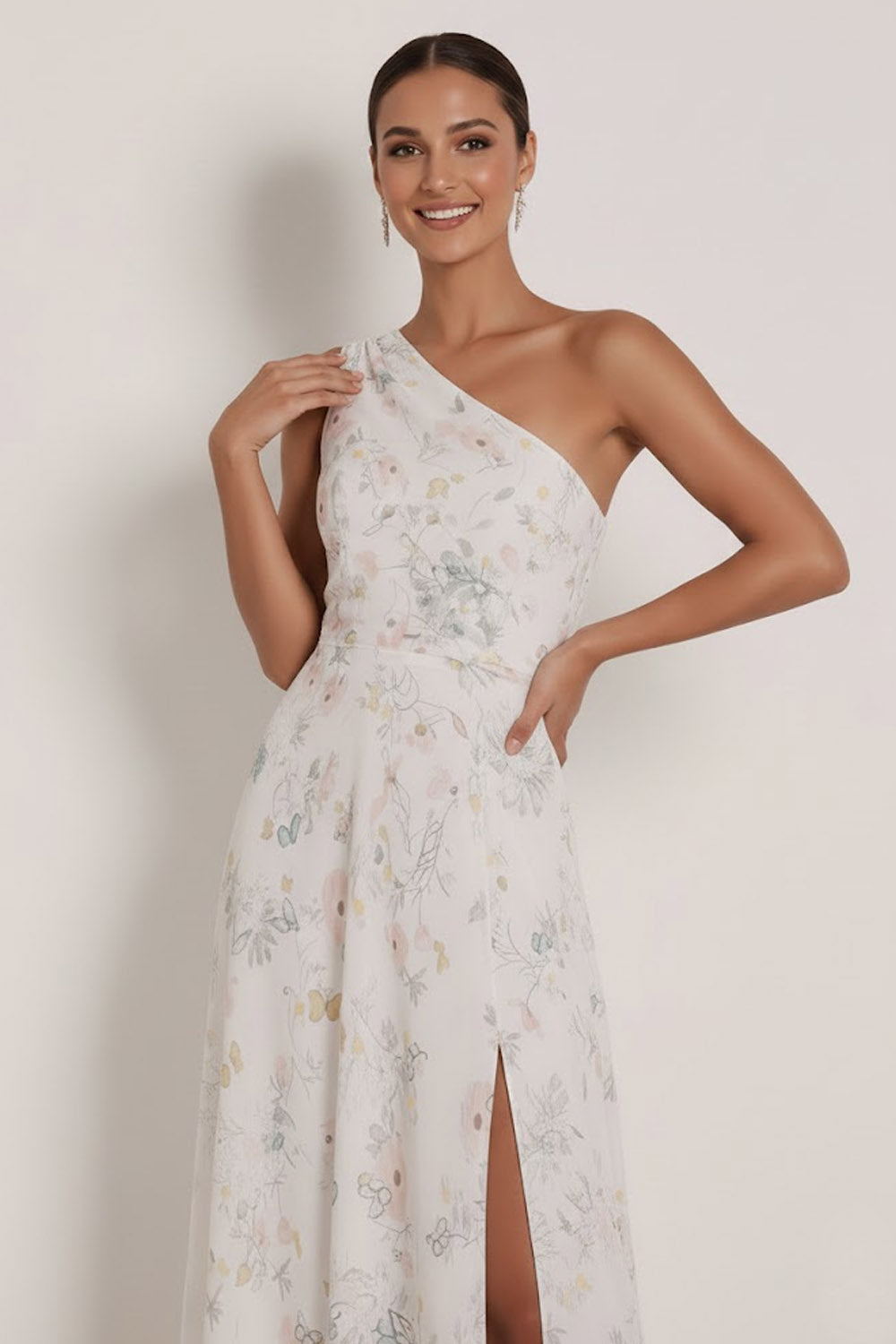 Floral White One Shoulder Long Bridesmaid Dress with Slit