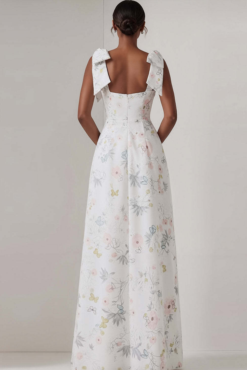 Floral White Thick Straps A Line Long Bridesmaid Dress