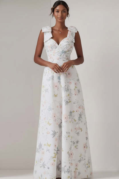 Floral White Thick Straps A Line Long Bridesmaid Dress