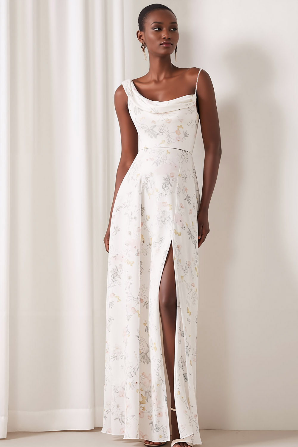 Leely Women Floral White Bridesmaid Dress with Slit Asymmetrical Neck A Line Wedding Guest Dress