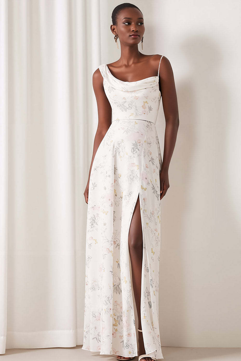 Leely Women Floral White Bridesmaid Dress with Slit Asymmetrical Neck A Line Wedding Guest Dress