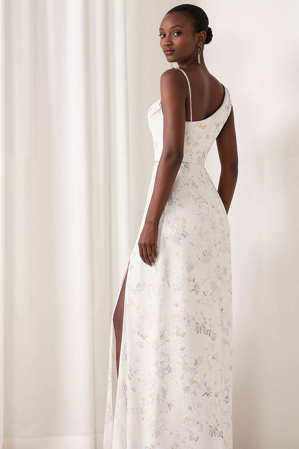 Floral White Asymmetrical Neck Bridesmaid Dress with Slit