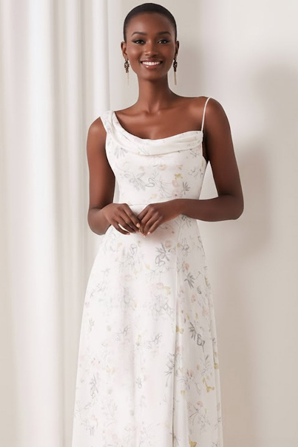 Floral White Asymmetrical Neck Bridesmaid Dress with Slit