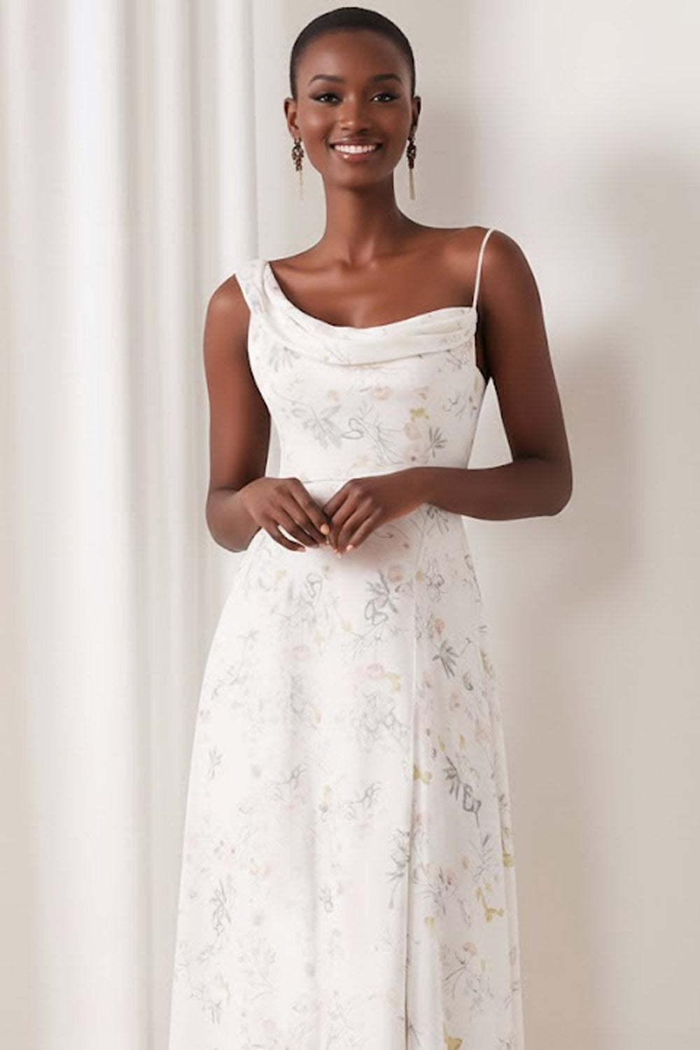 Floral White Asymmetrical Neck Bridesmaid Dress with Slit