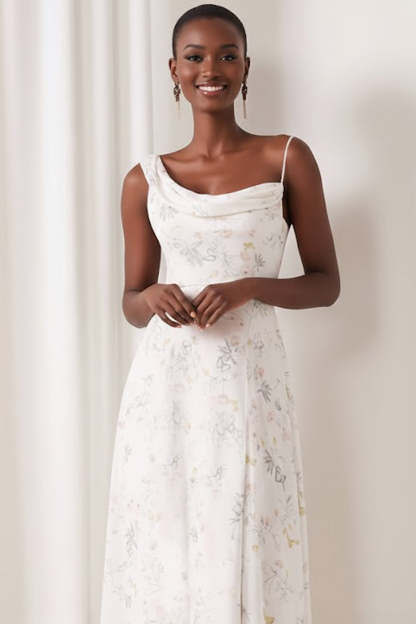 Floral White Asymmetrical Neck Bridesmaid Dress with Slit