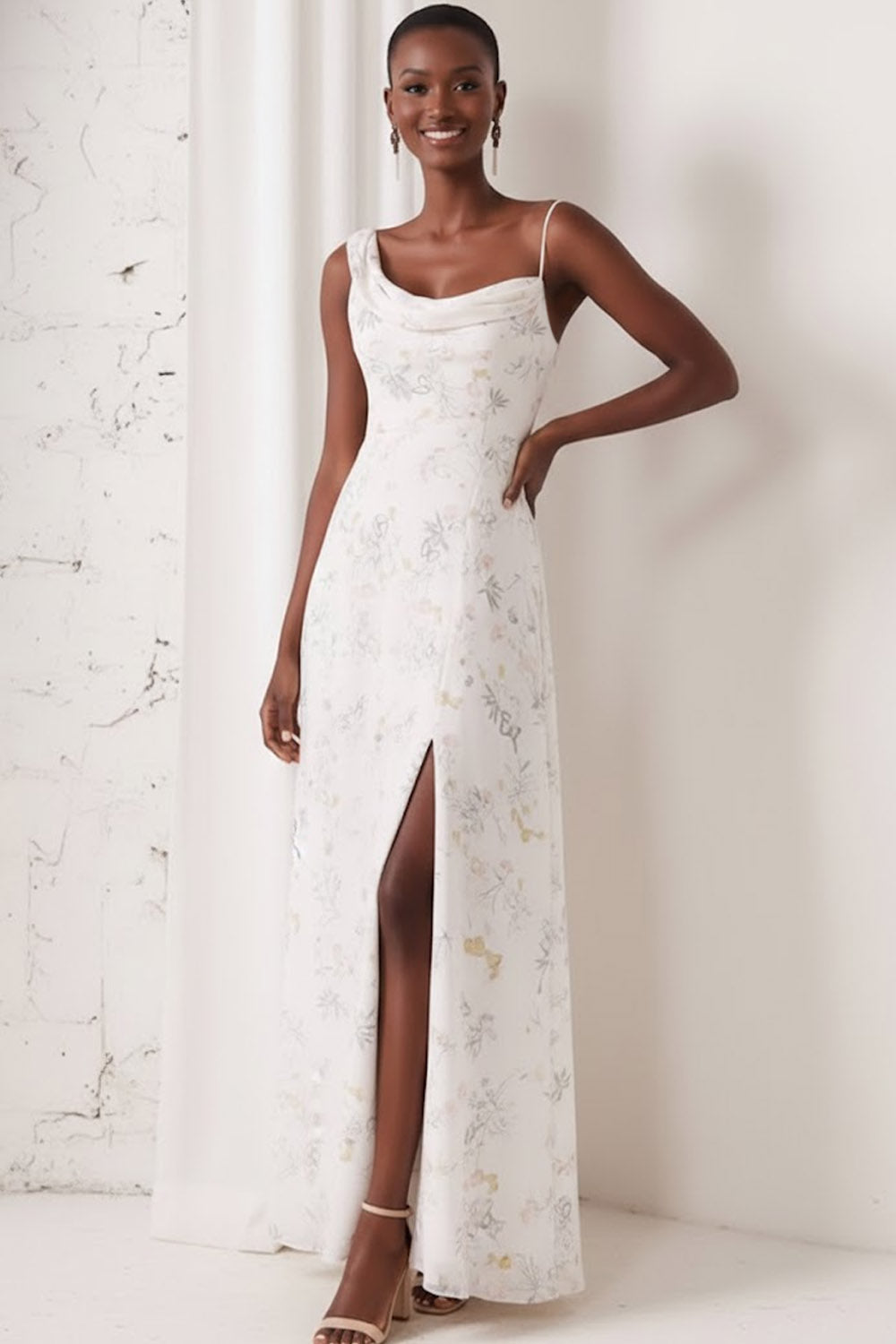 Floral White Asymmetrical Neck Bridesmaid Dress with Slit