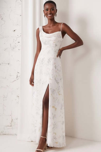 Floral White Asymmetrical Neck Bridesmaid Dress with Slit