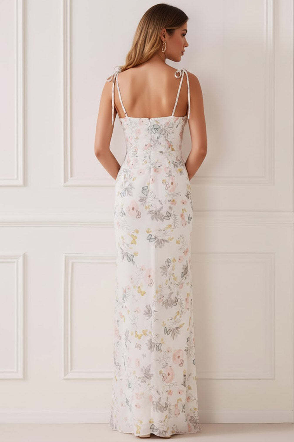 Floral White Sheath Spaghetti Straps Long Bridesmaid Dress