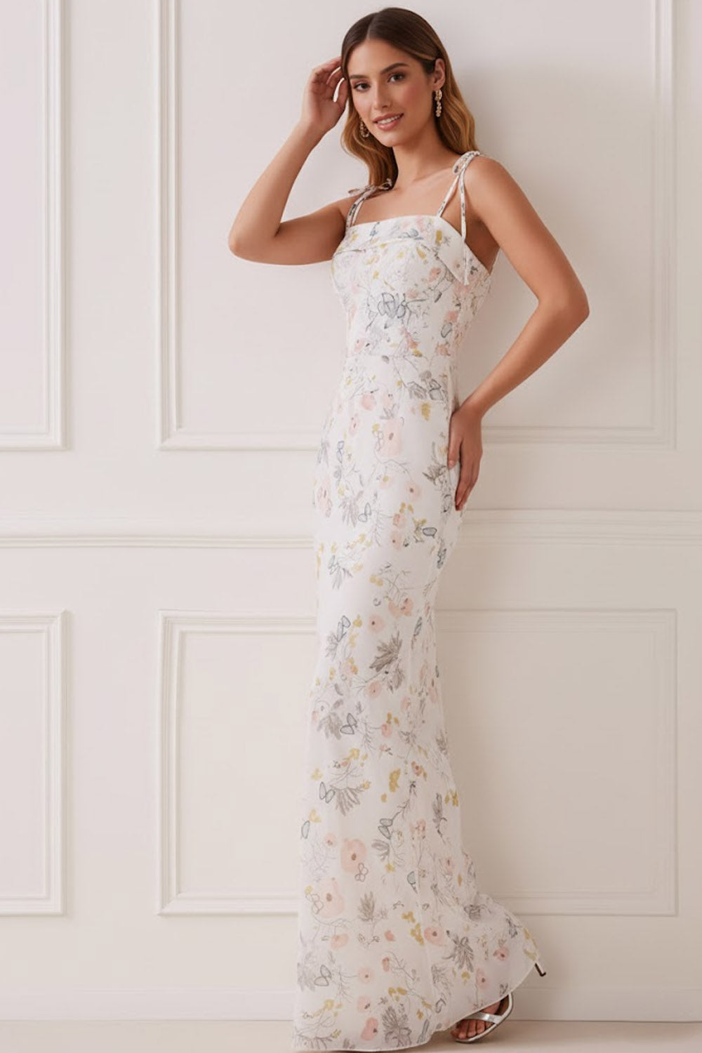 Floral White Sheath Spaghetti Straps Long Bridesmaid Dress