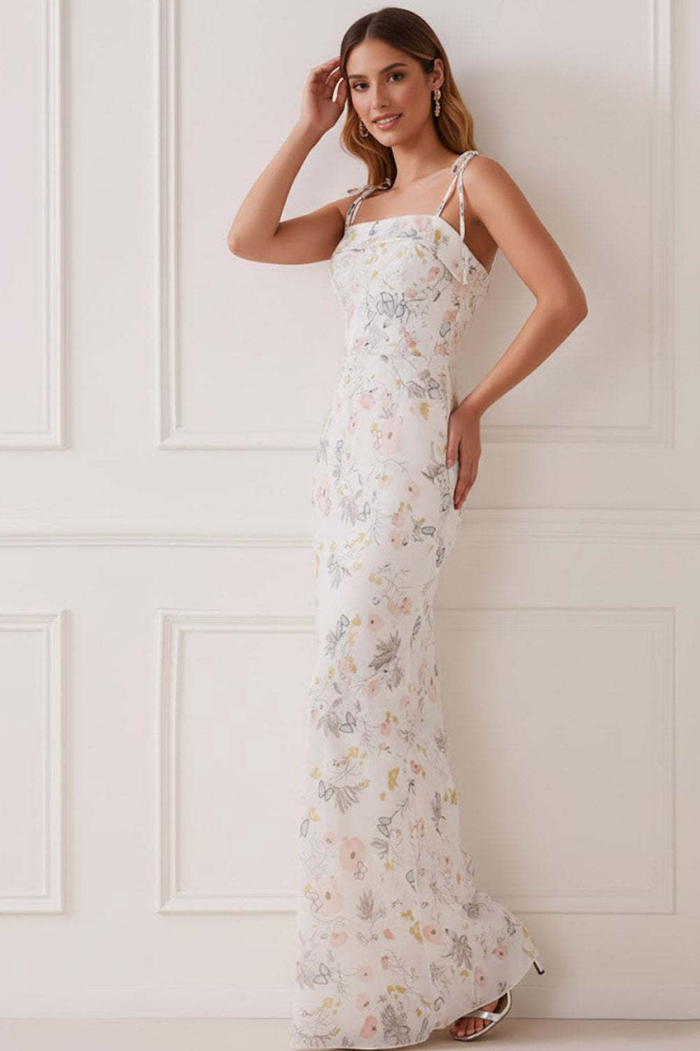 Floral White Sheath Spaghetti Straps Long Bridesmaid Dress