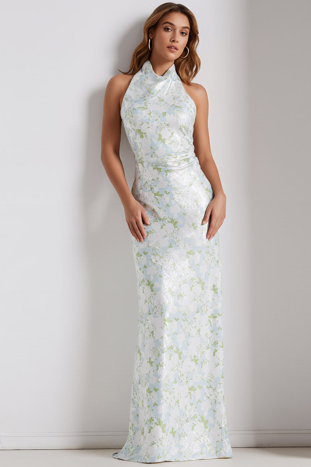 Leely Women Floral Light Blue Long Bridesmaid Dress Mermaid Halter Neck Backless Wedding Guest Dress