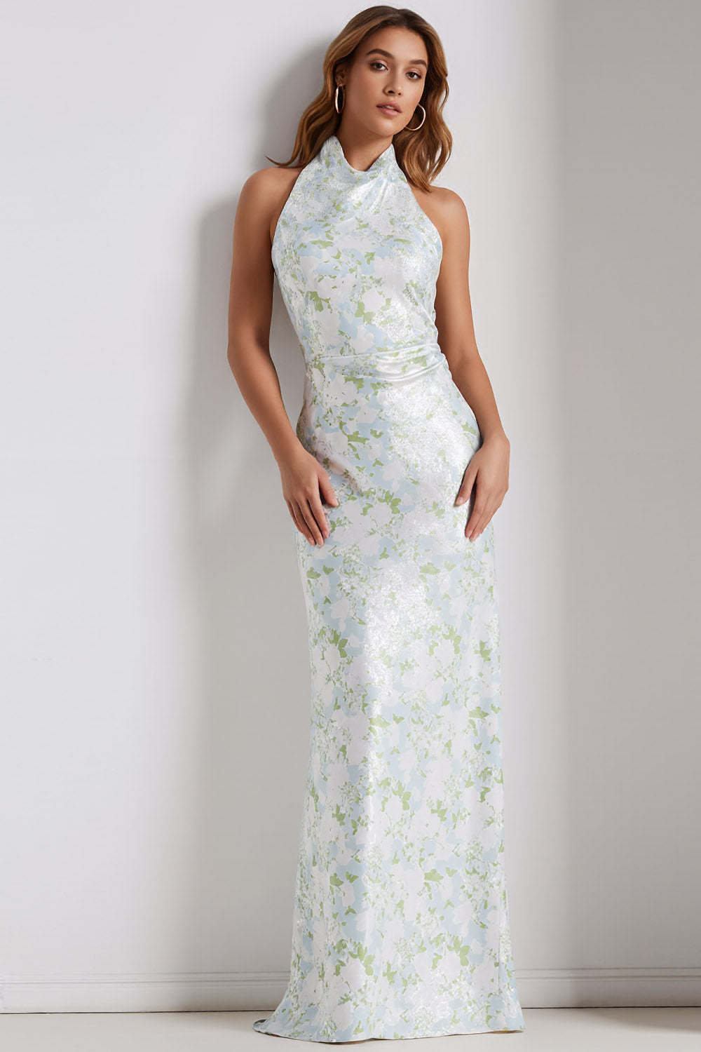 Leely Women Floral Light Blue Long Bridesmaid Dress Mermaid Halter Neck Backless Wedding Guest Dress