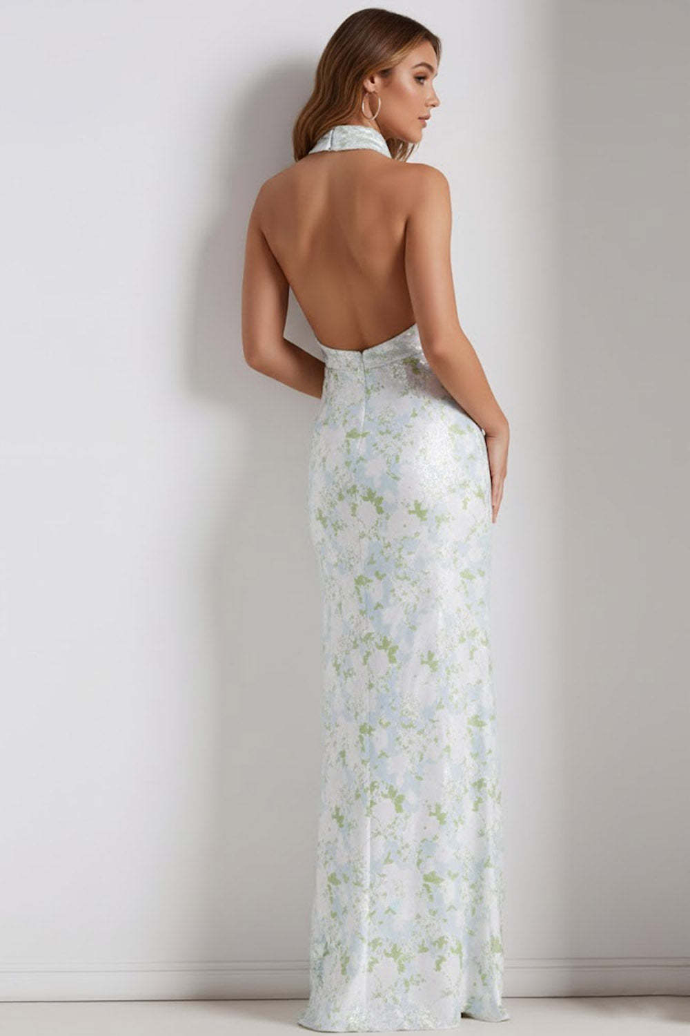 Floral Light Blue Mermaid Halter Neck Long Bridesmaid Dress