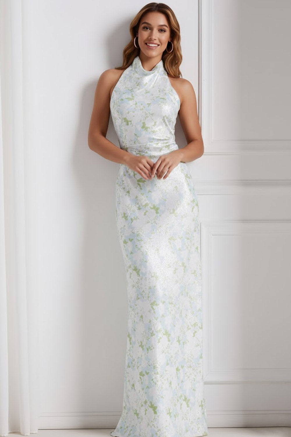 Floral Light Blue Mermaid Halter Neck Long Bridesmaid Dress