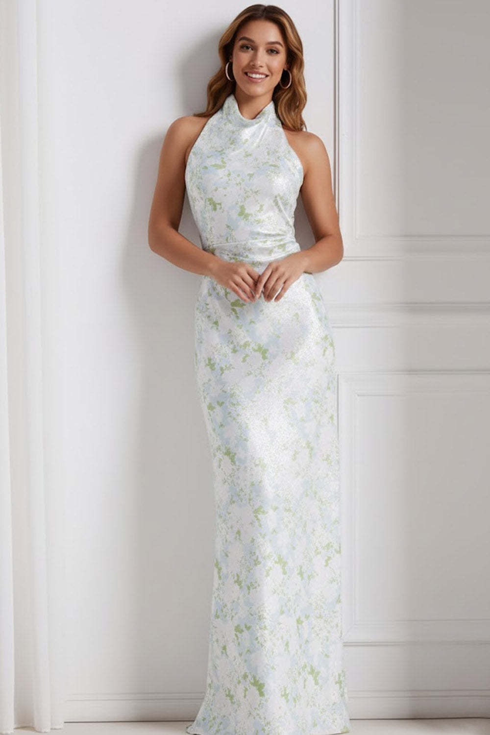 Floral Light Blue Mermaid Halter Neck Long Bridesmaid Dress