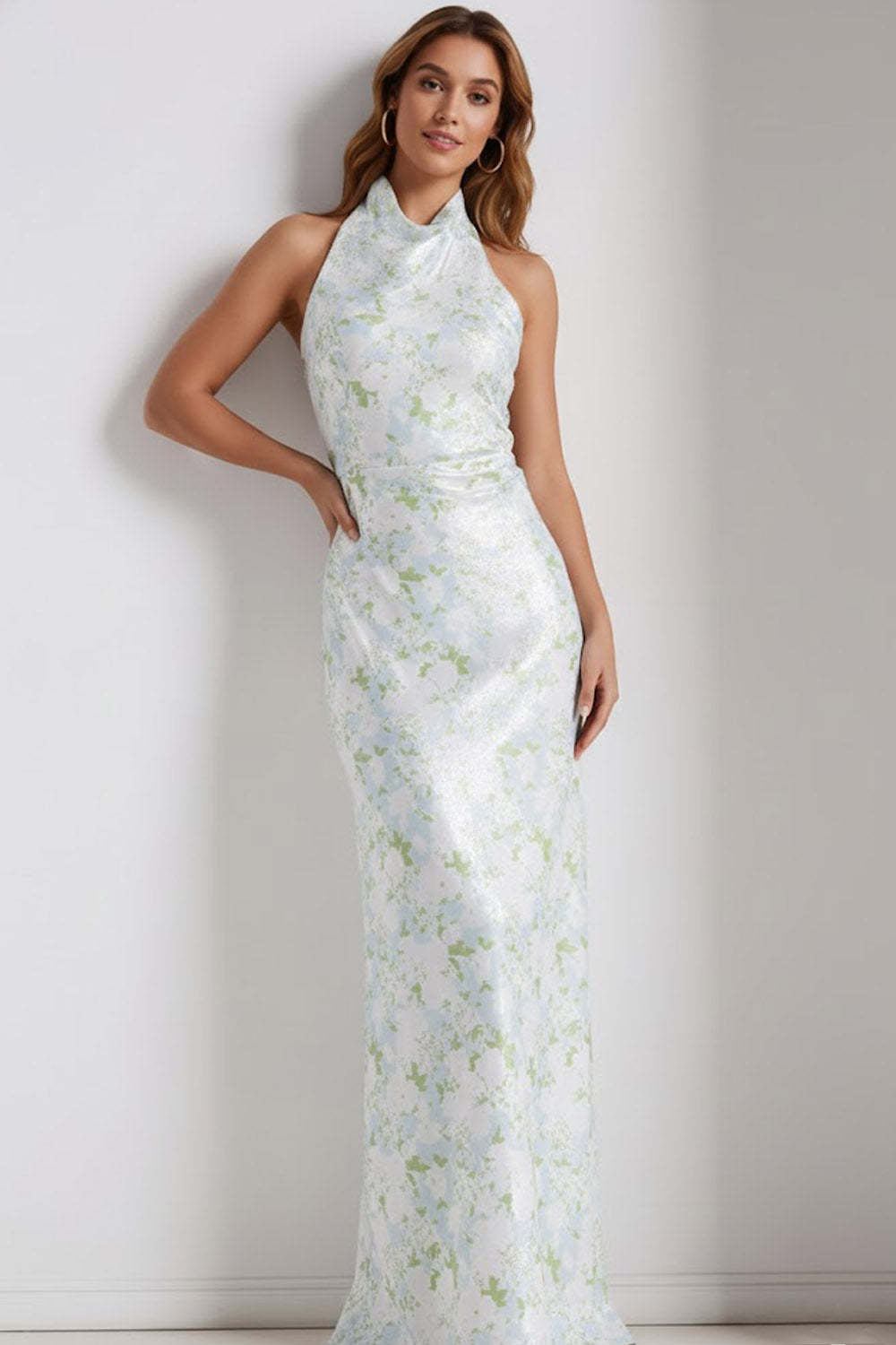 Floral Light Blue Mermaid Halter Neck Long Bridesmaid Dress