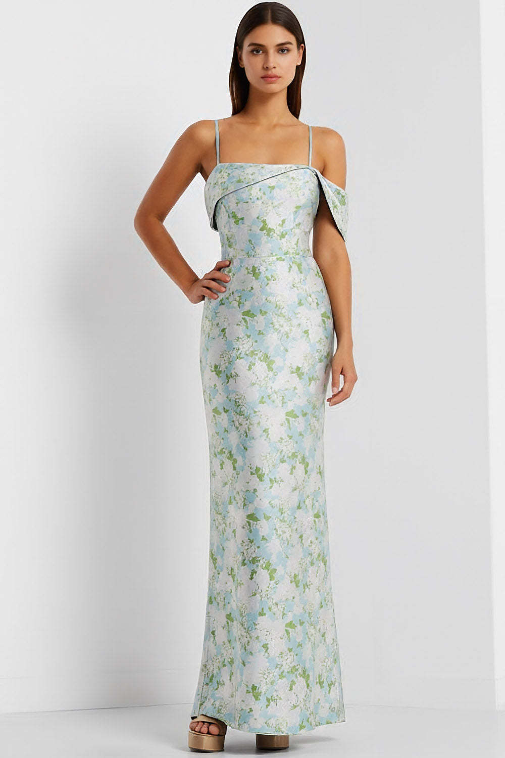 Leely Women Floral White Long Bridesmaid Dress Mermaid Spaghetti Straps Wedding Guest Dress with Bows