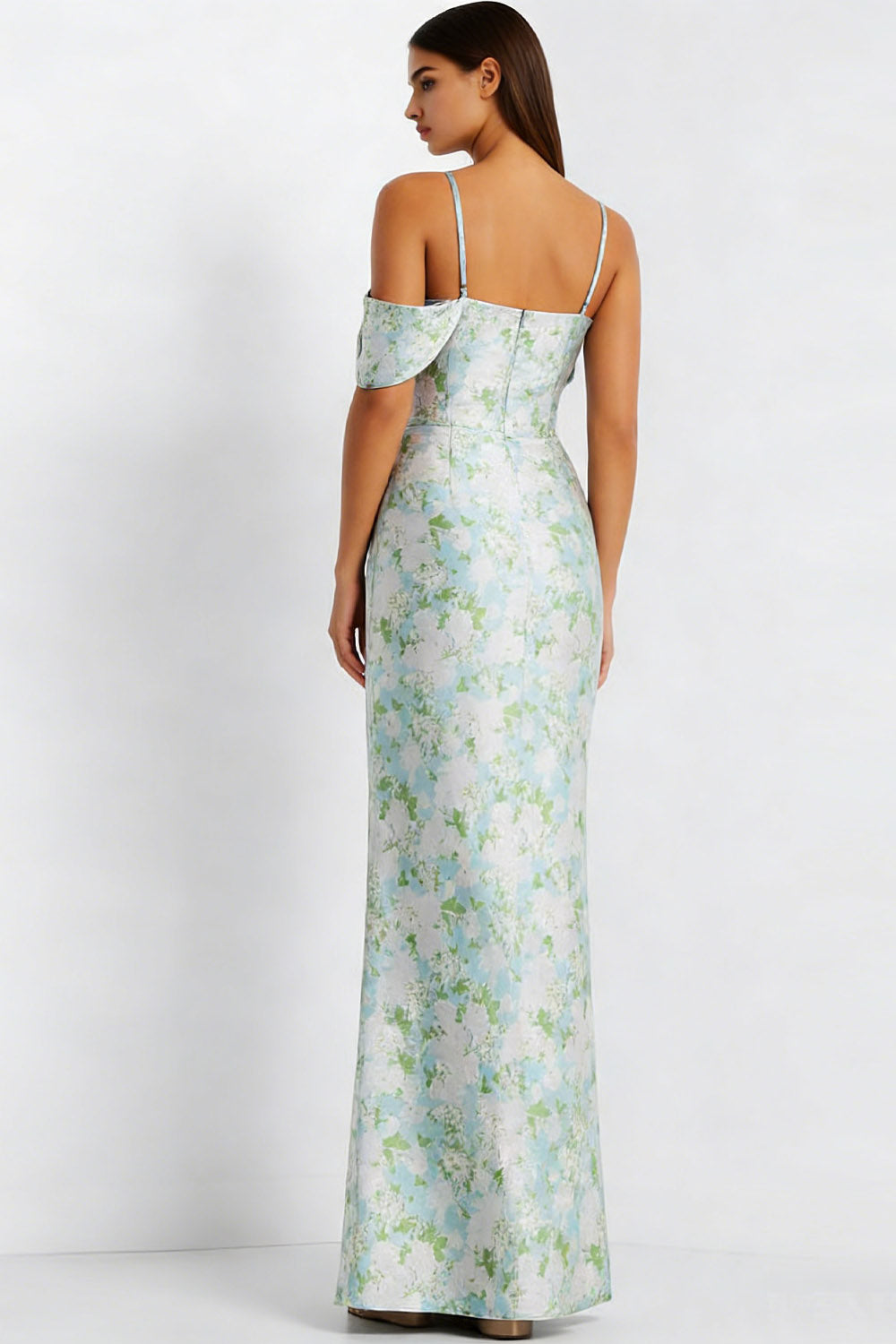 Floral Light Blue Mermaid Spaghetti Straps Long Bridesmaid Dress