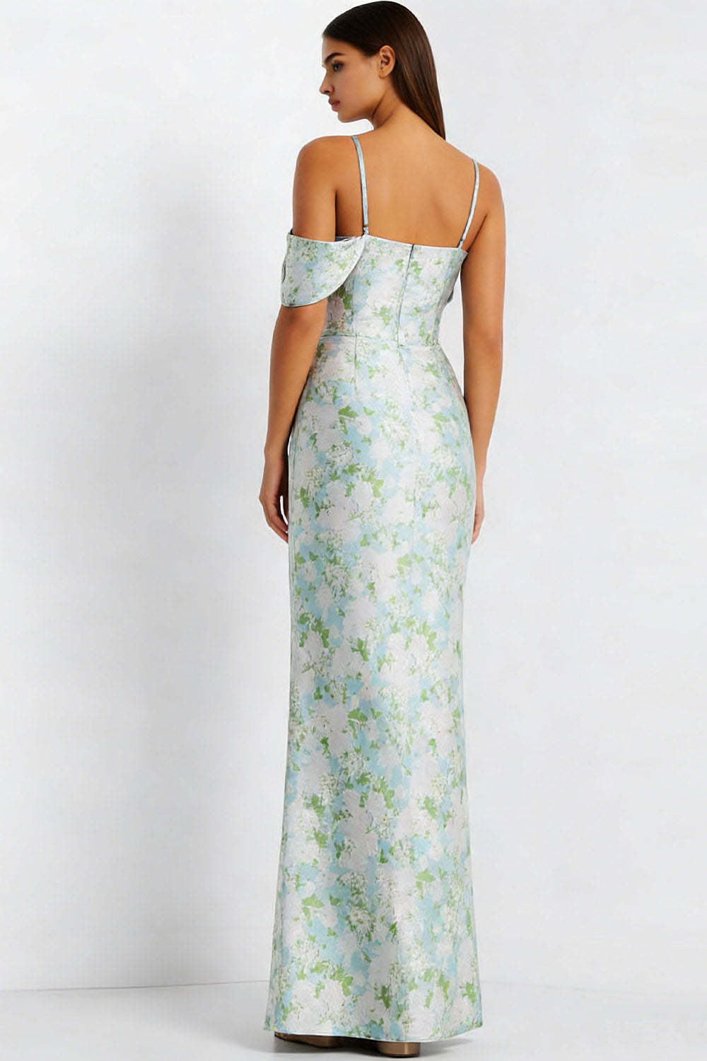 Floral Light Blue Mermaid Spaghetti Straps Long Bridesmaid Dress