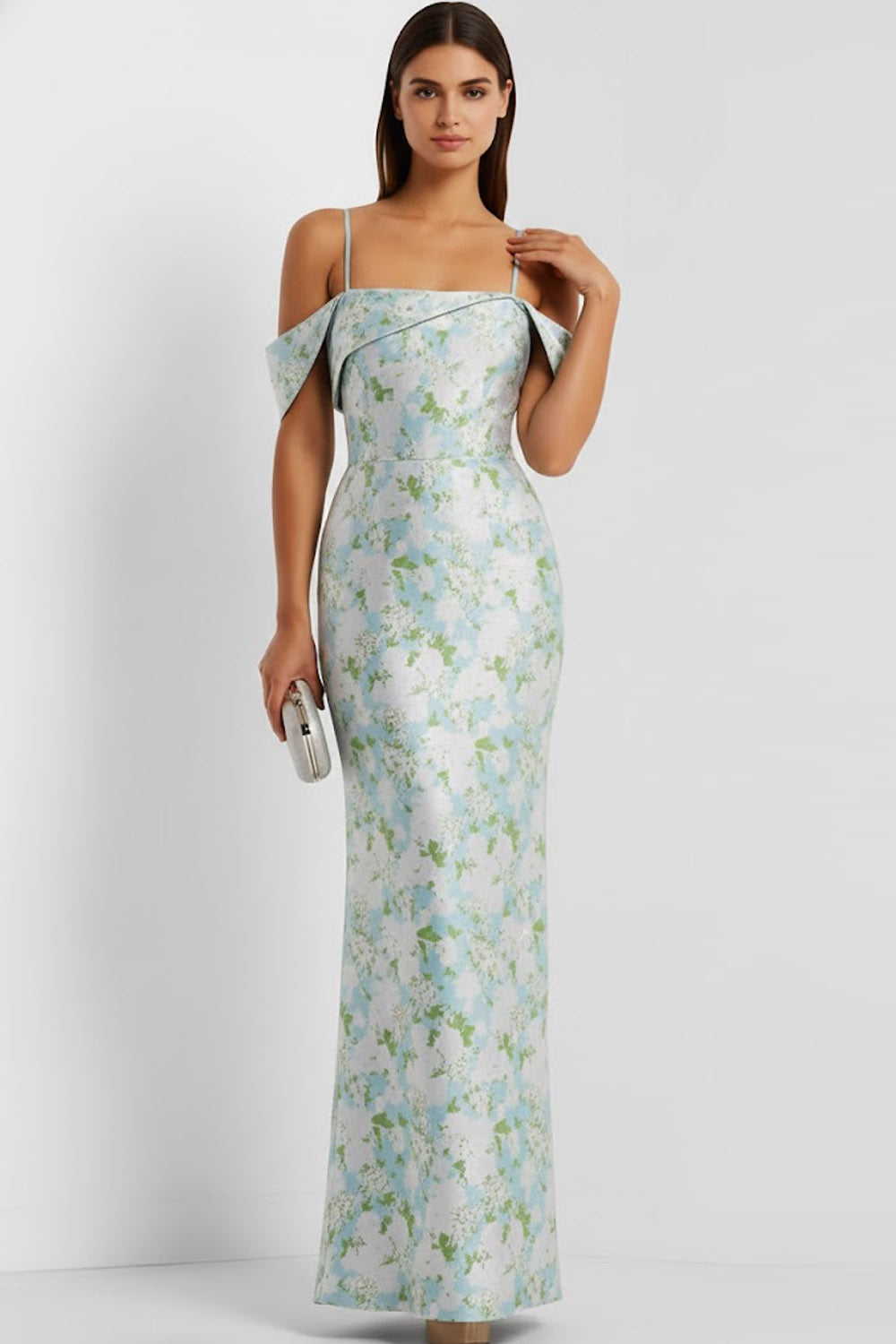 Floral Light Blue Mermaid Spaghetti Straps Long Bridesmaid Dress