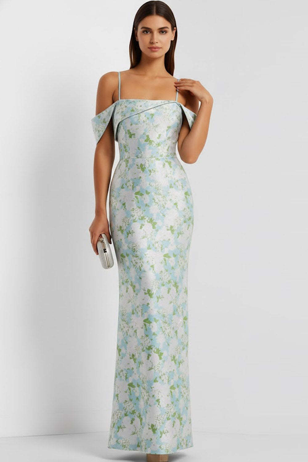 Floral Light Blue Mermaid Spaghetti Straps Long Bridesmaid Dress