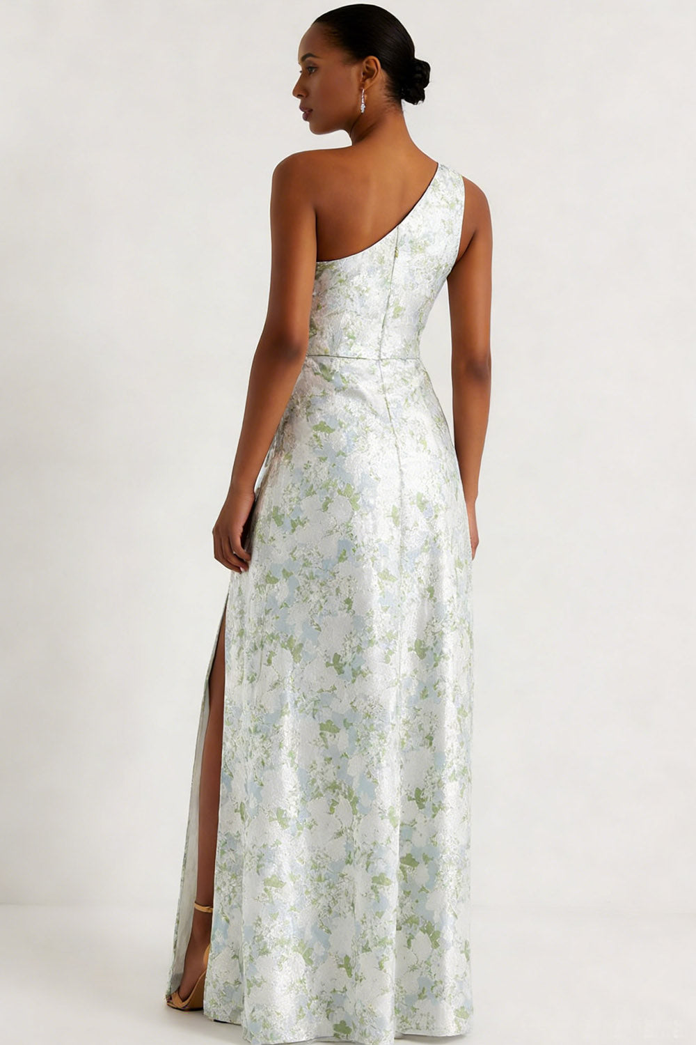 Floral Light Blue One Shoulder Long Bridesmaid Dress with Slit