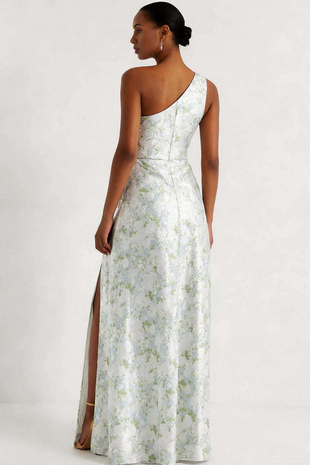 Floral Light Blue One Shoulder Long Bridesmaid Dress with Slit