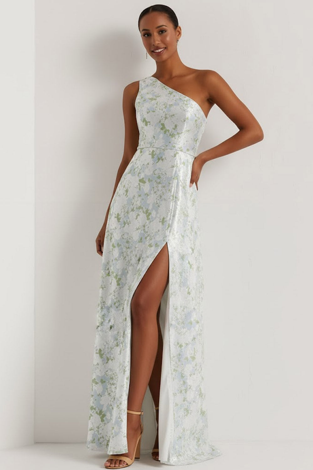 Floral Light Blue One Shoulder Long Bridesmaid Dress with Slit