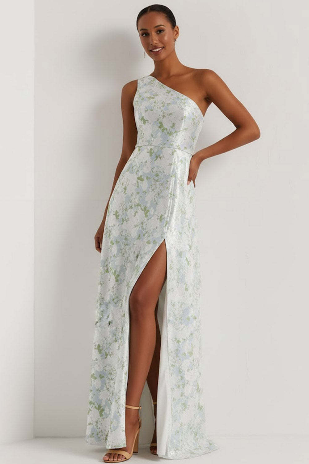 Floral Light Blue One Shoulder Long Bridesmaid Dress with Slit