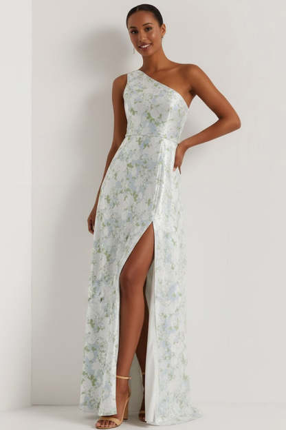 Floral Light Blue One Shoulder Long Bridesmaid Dress with Slit