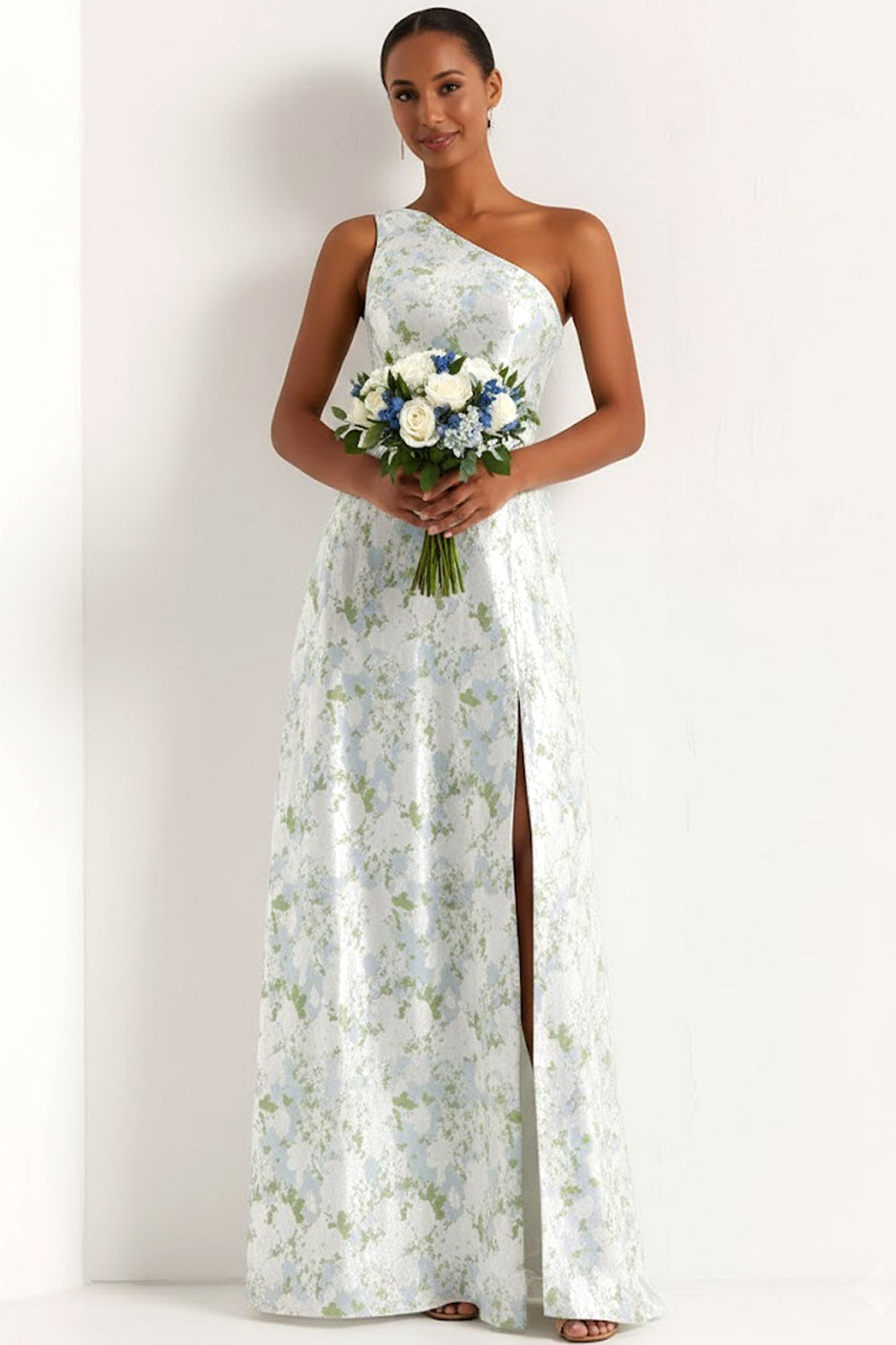 Floral Light Blue One Shoulder Long Bridesmaid Dress with Slit