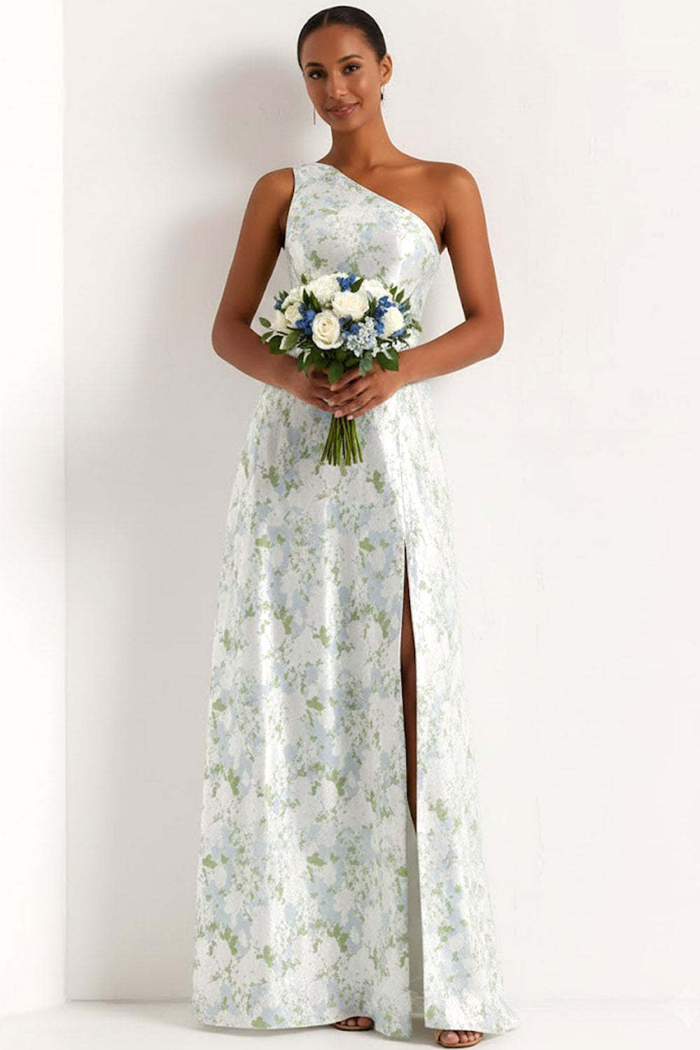 Leely Women Floral Light Blue Long Bridesmaid Dress with Slit One Shoulder A Line Wedding Guest Dress