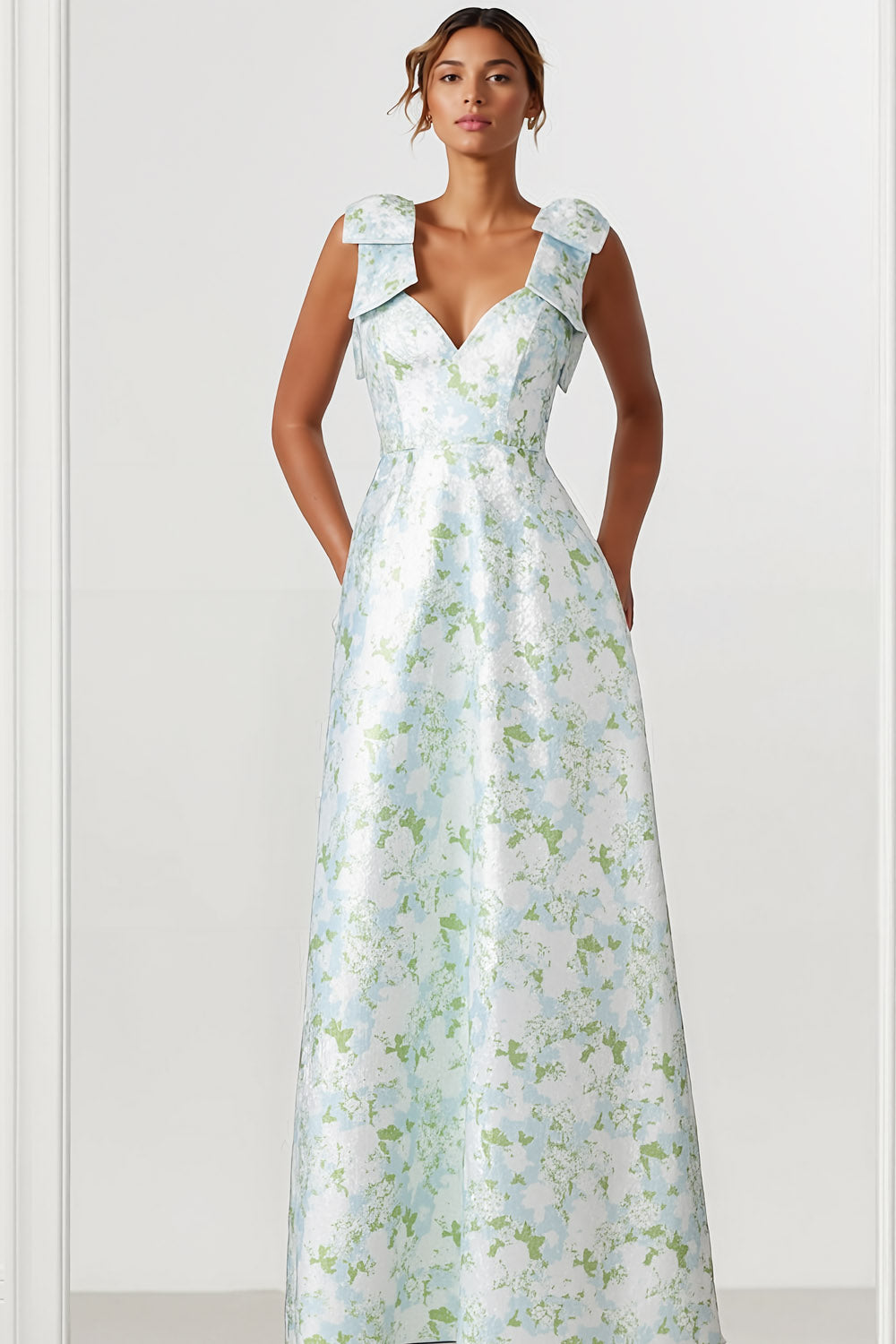 Floral Light Blue Thick Straps A Line Long Bridesmaid Dress with Bows