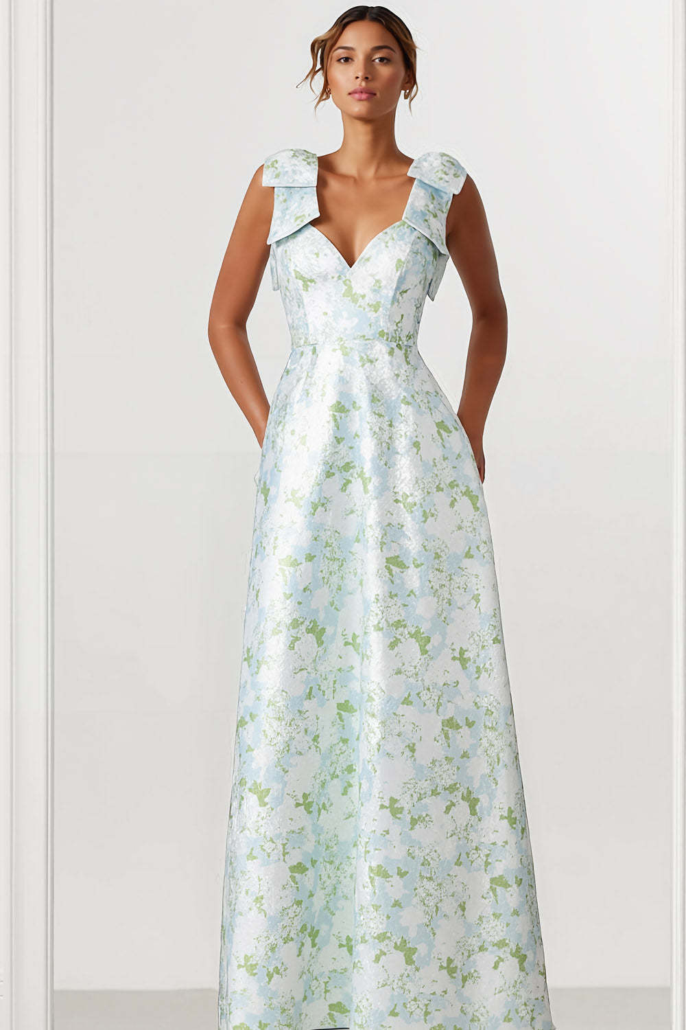 Leely Women Floral Light Blue Long Bridesmaid Dress Thick Straps A Line Wedding Guest Dress with Bows