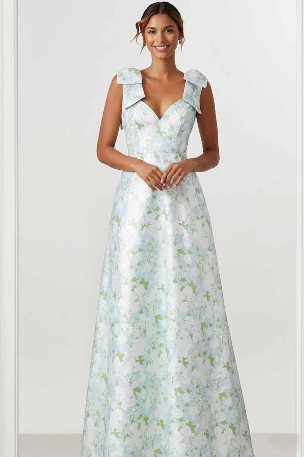 Floral Light Blue Thick Straps A Line Long Bridesmaid Dress with Bows