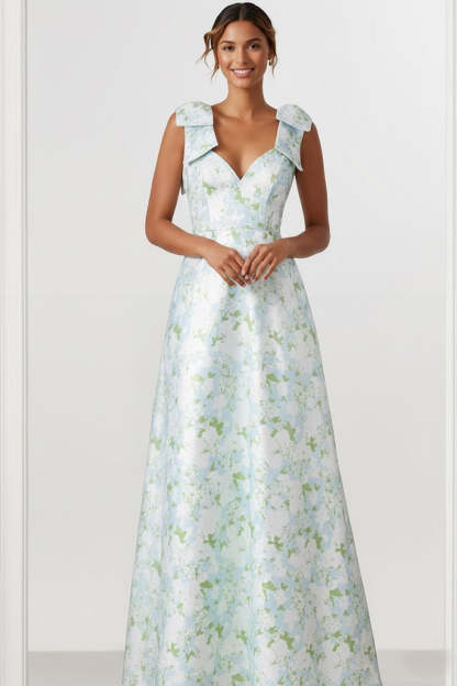 Floral Light Blue Thick Straps A Line Long Bridesmaid Dress with Bows