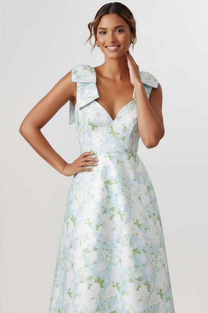 Floral Light Blue Thick Straps A Line Long Bridesmaid Dress with Bows