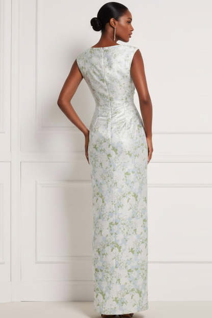 Floral Light Blue Bateau Neck Ruched Long Bridesmaid Dress