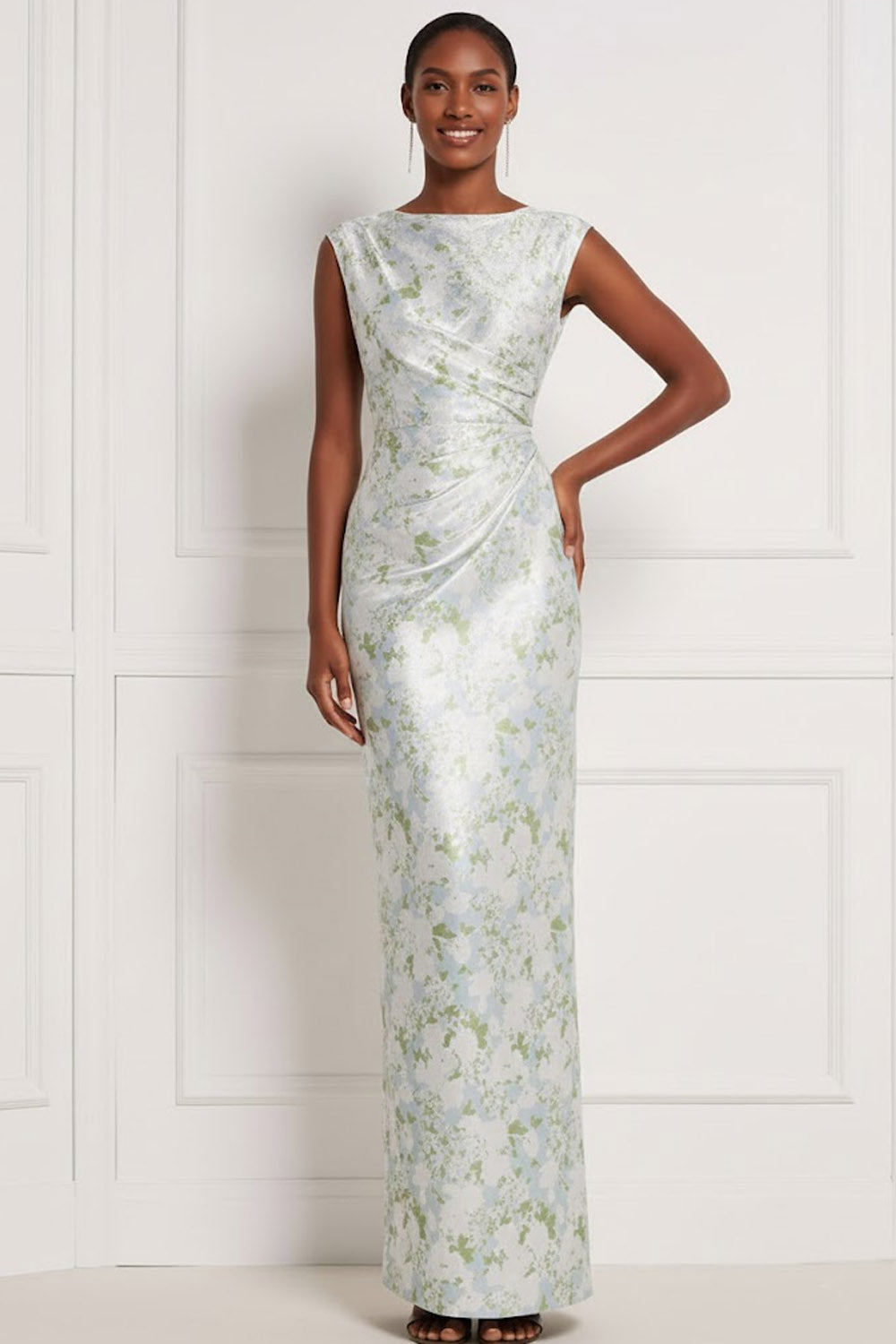 Floral Light Blue Bateau Neck Ruched Long Bridesmaid Dress