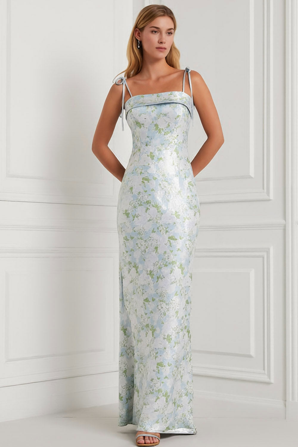 Floral Light Blue Spaghetti Straps Mermaid Long Bridesmaid Dress