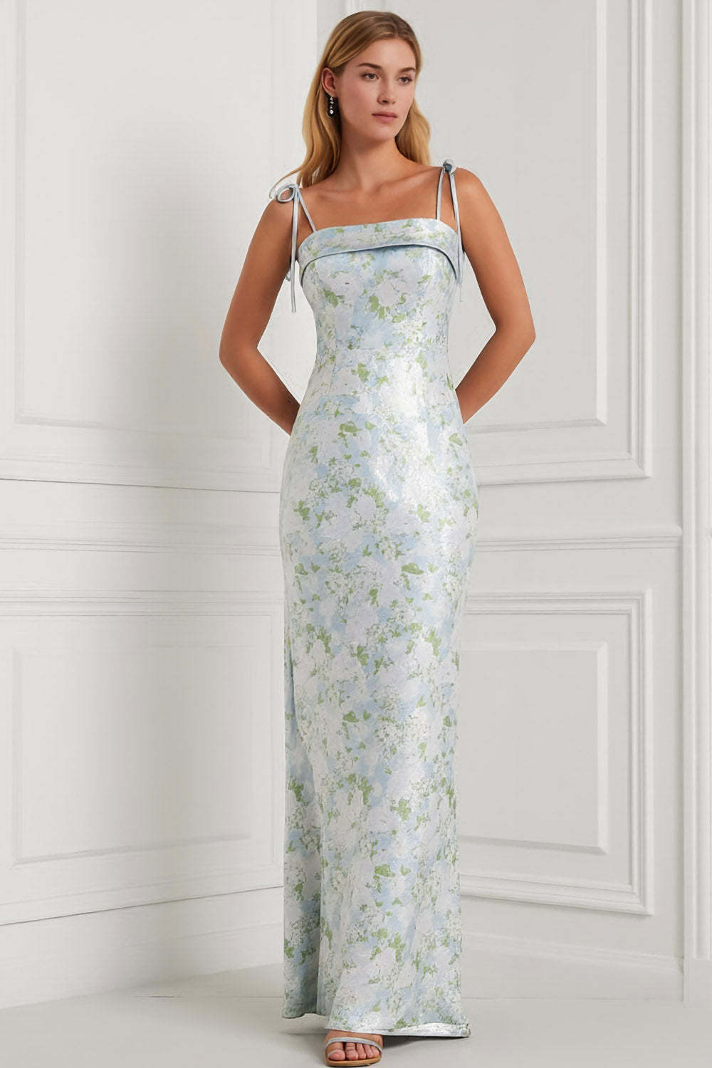 Leely Women Floral Light Blue Long Bridesmaid Dress Spaghetti Straps Mermaid Wedding Guest Dress