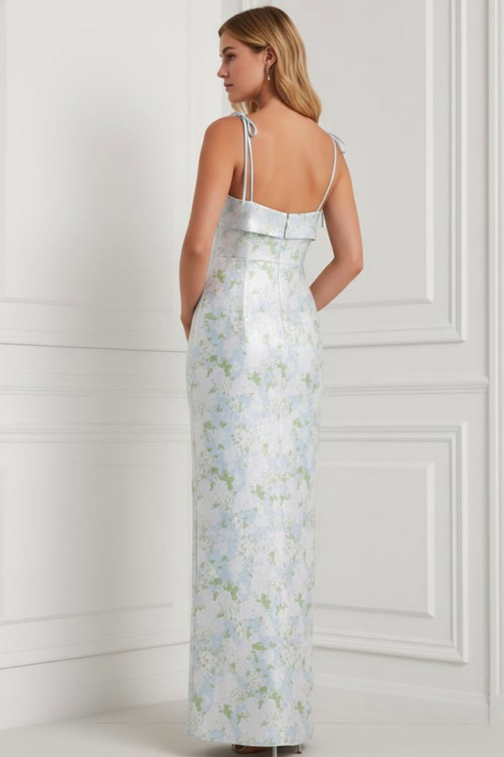 Floral Light Blue Spaghetti Straps Mermaid Long Bridesmaid Dress