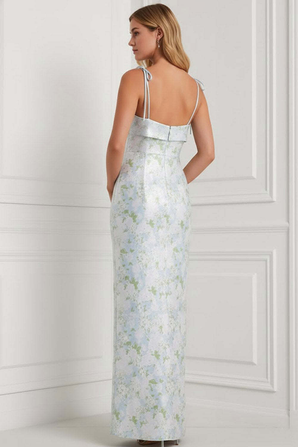 Floral Light Blue Spaghetti Straps Mermaid Long Bridesmaid Dress