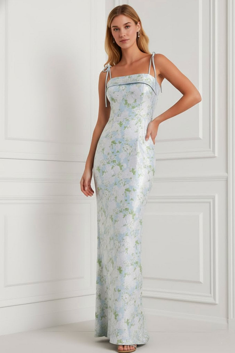 Floral Light Blue Spaghetti Straps Mermaid Long Bridesmaid Dress