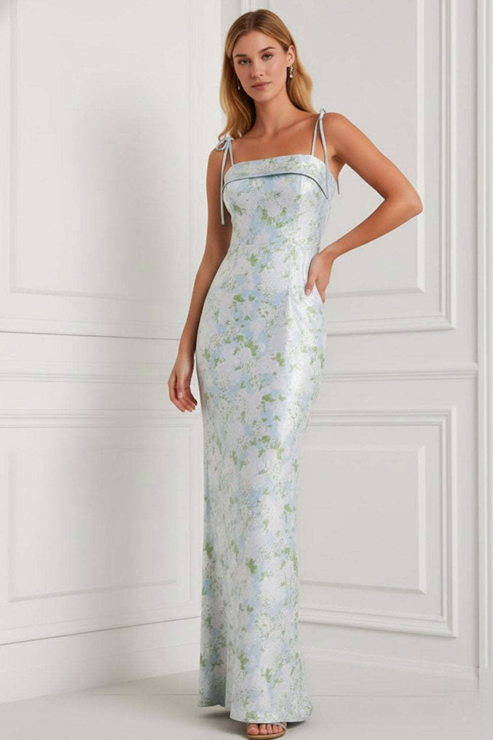 Floral Light Blue Spaghetti Straps Mermaid Long Bridesmaid Dress